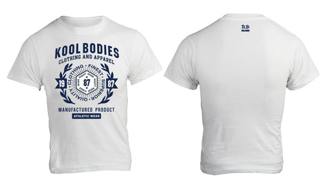 KOOL BODIES WHITE GRAPHIC TEE with NAVY SPORTS CREST